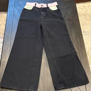 Twik Black Jeans with Pink, Green and Blue contrast wide leg Jeans